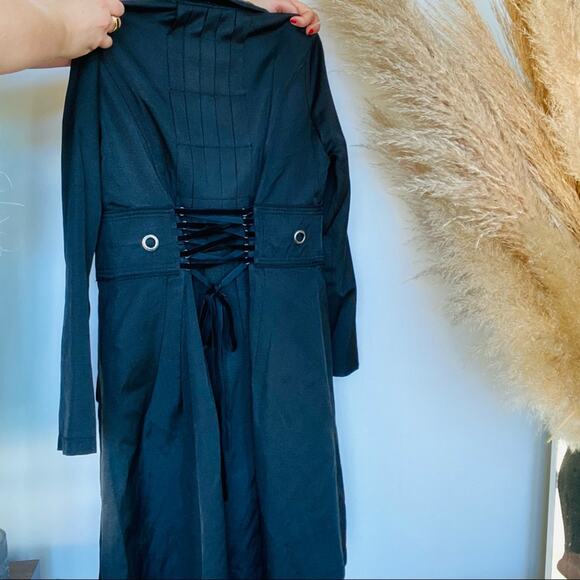 VINTAGE 90s CCC Washed Black Grey Tie Corset Back Button Trench Coat Jacket M - Picture 8 of 10